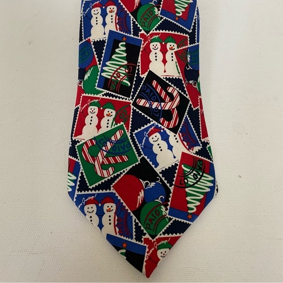 Christmas Postage Stamp Tie by Prescot Bay Snowman Cones Christmas Trees Multi - Picture 3 of 10